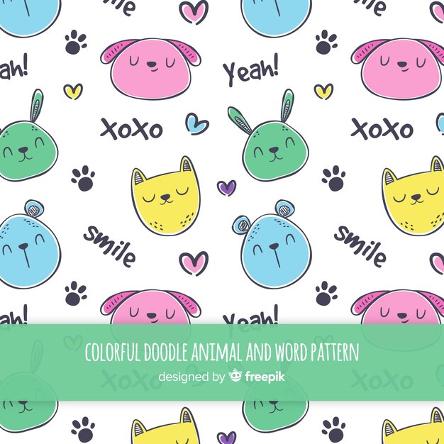 Doodle animals and words pattern