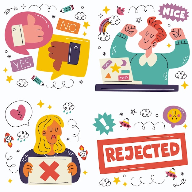 Free vector doodle approved and rejected stickers collection