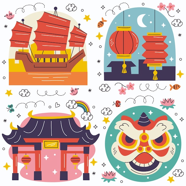 Бесплатное векторное изображение Коллекция наклейки doodle asia