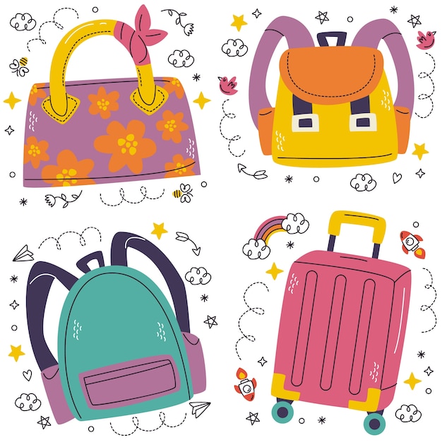 Vettore gratuito collezione di adesivi per borse e valigie doodle