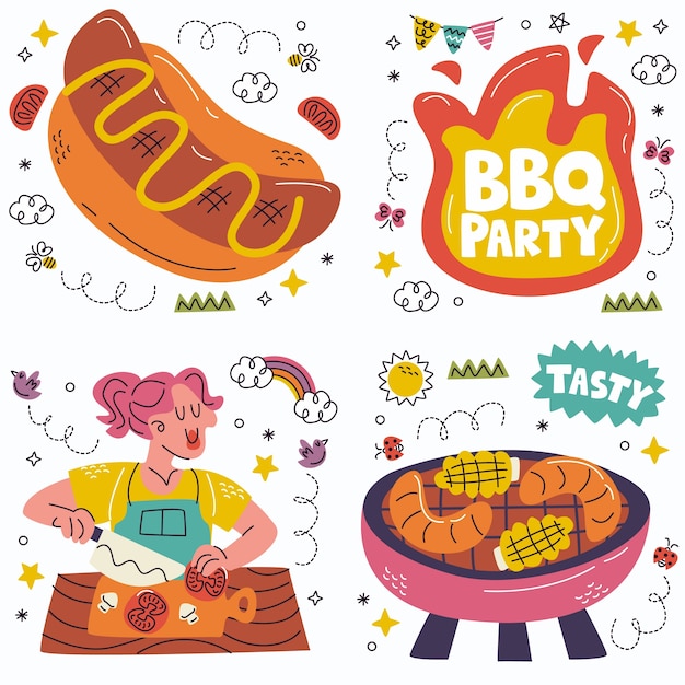 Vettore gratuito collezione di adesivi per barbecue doodle