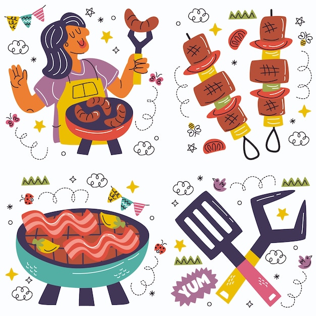 Vettore gratuito collezione di adesivi per barbecue doodle