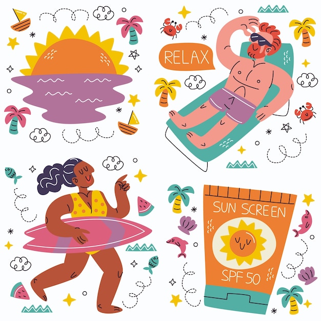 Free vector doodle beach stickers collection