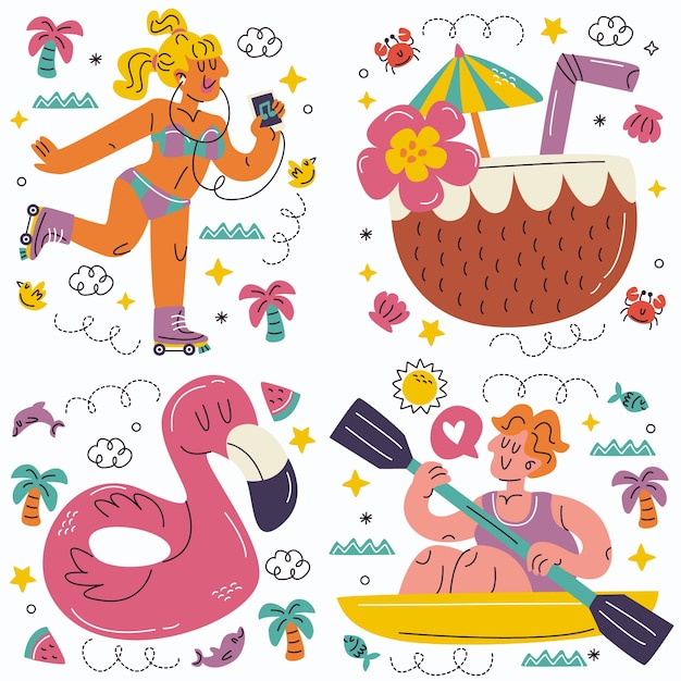 Free vector doodle beach stickers collection