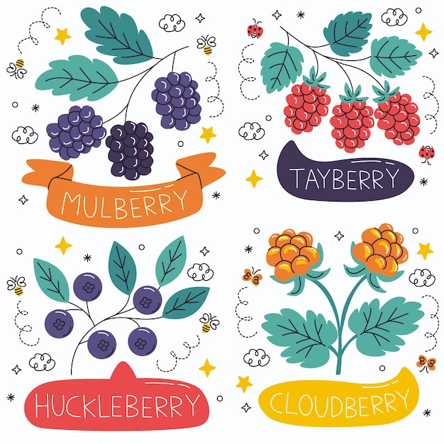 Бесплатное векторное изображение Коллекция наклейки с ягодами doodle