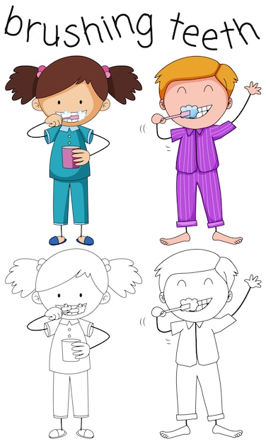 Doodle мальчик и девочка, чистящие зубы