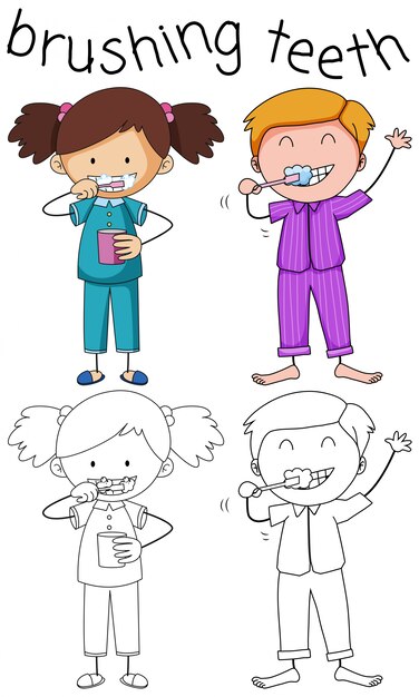Doodle мальчик и девочка, чистящие зубы