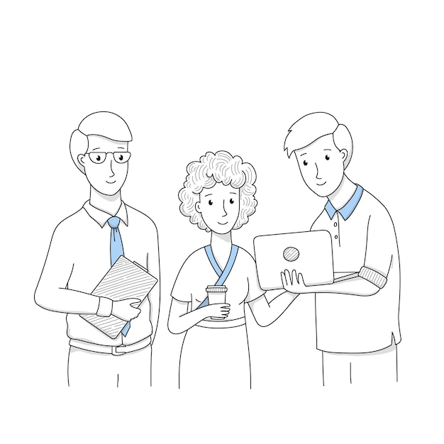 Free vector doodle business people team, businessmen with laptop or clip board and woman holding coffee cup discuss working issues, corporate employees teamwork, manager group in office linear vector illustration