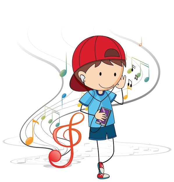 Doodle cartoon character of a boy listening music with musical melody symbols