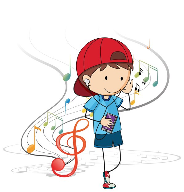 Каракули мультипликационный персонаж мальчика, слушающего музыку с музыкальными символами мелодии