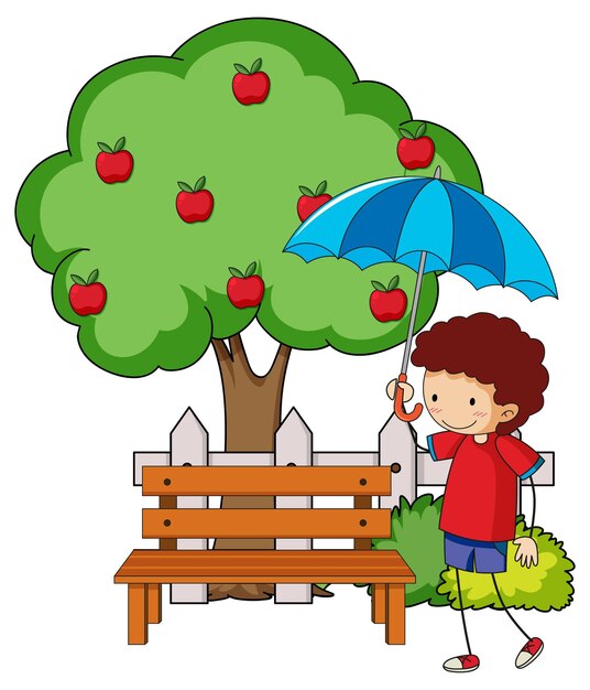 Каракули мультипликационный персонаж девушка держит зонтик с яблоней