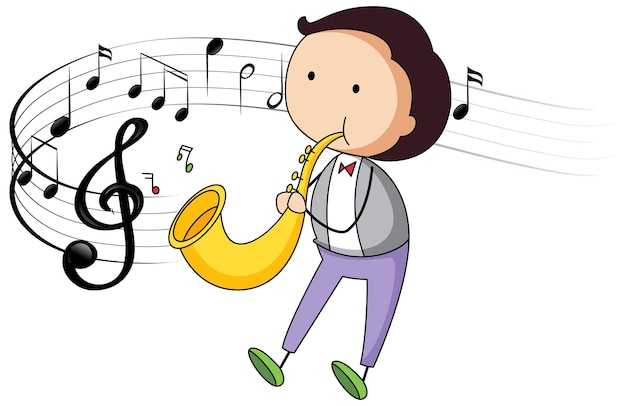 Каракули мультипликационный персонаж человека, играющего на саксофоне с музыкальными символами мелодии