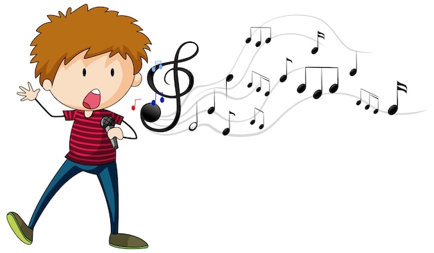 Free vector doodle cartoon character of a singer boy singing with musical melody symbols