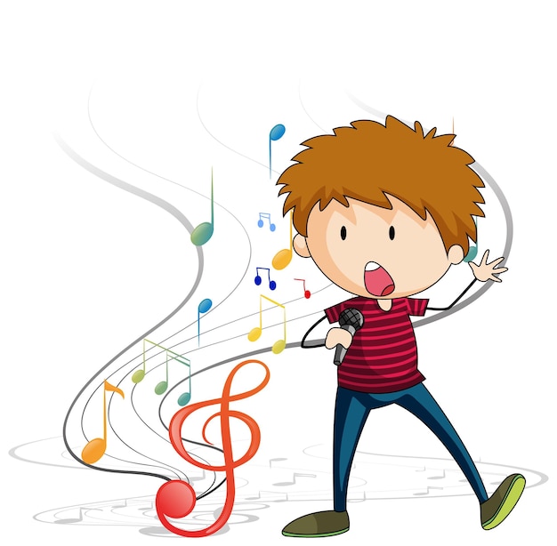 Doodle cartoon character of a singer boy singing with musical melody symbols