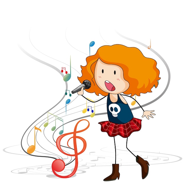 Doodle cartoon character of a singer girl singing with musical melody symbols