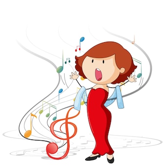 Doodle cartoon character of a singer woman singing with musical melody symbols