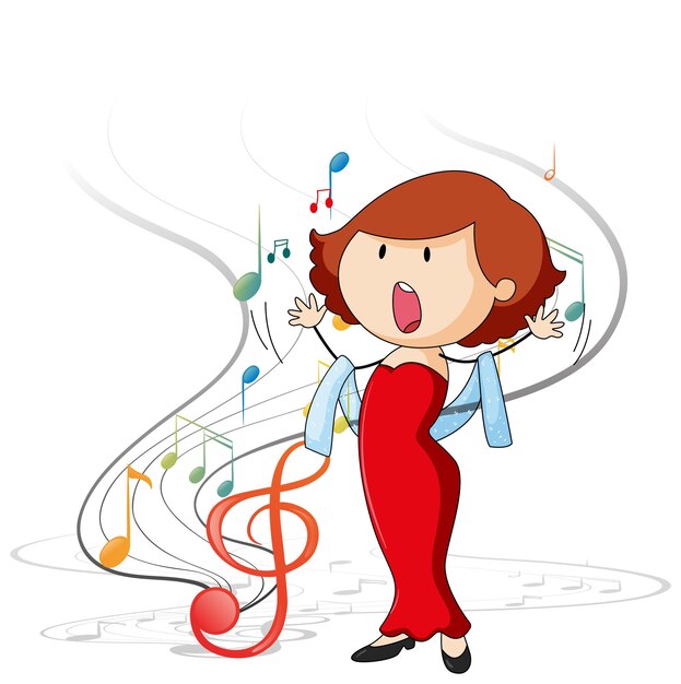 Doodle cartoon character of a singer woman singing with musical melody symbols