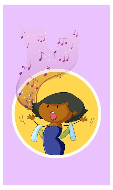 音楽のメロディーのシンボルで歌う歌手の女性の落書き漫画のキャラクター