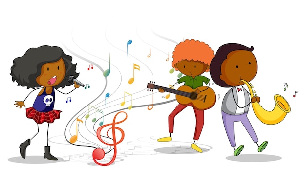 Doodle cartoon character with music band on white background