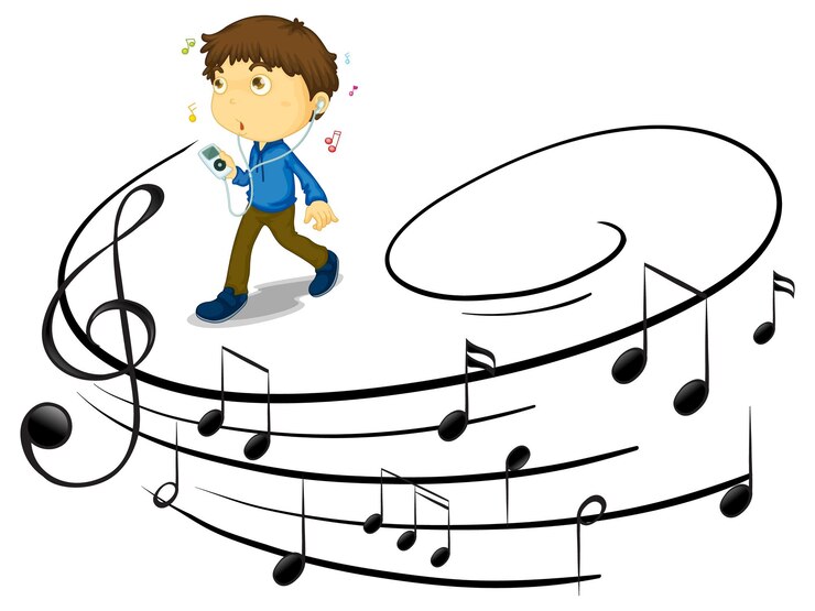 Free Vector doodle cartoon character of a young man listening music with musical melody symbols