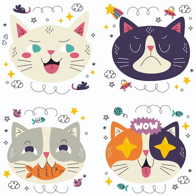 Vettore gratuito collezione di adesivi emoticon gatto doodle