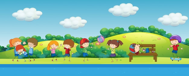 Бесплатное векторное изображение Каракули дети играют в парке