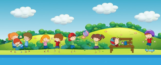 Vettore gratuito doodle bambini che giocano nel parco