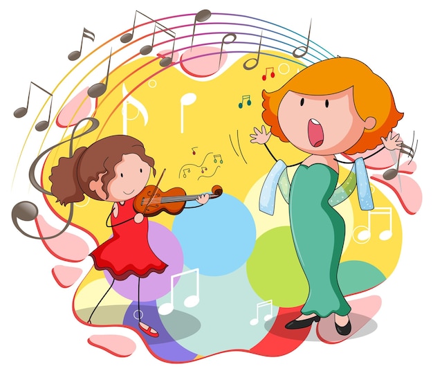 Doodle children with music instrument and melody