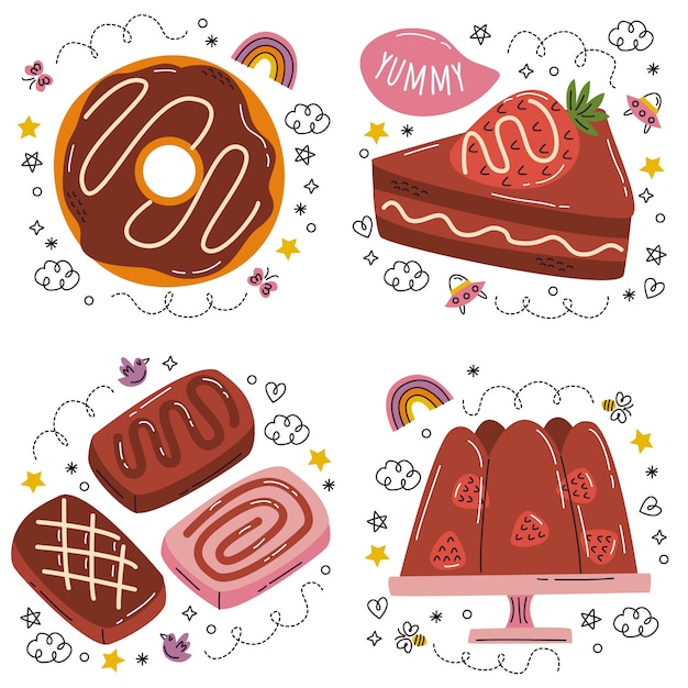 Vettore gratuito set di adesivi al cioccolato doodle