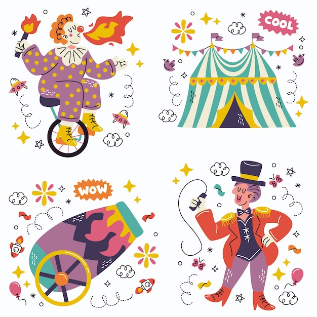 Бесплатное векторное изображение Коллекция наклеек каракули цирк
