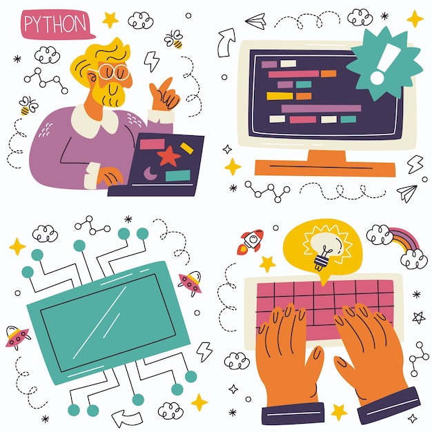 Free vector doodle computer engineer stickers collection