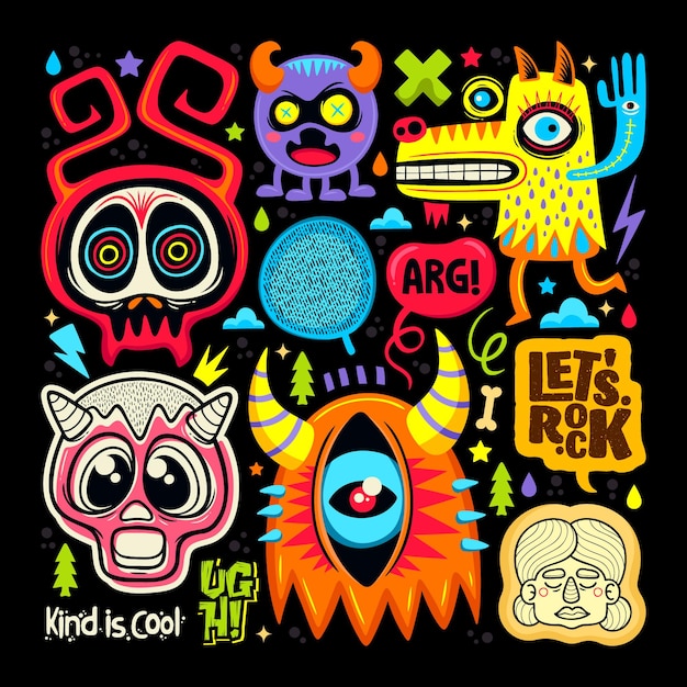 Doodle Cute Monster Sticker Icons Hand Drawn Coloring Vector