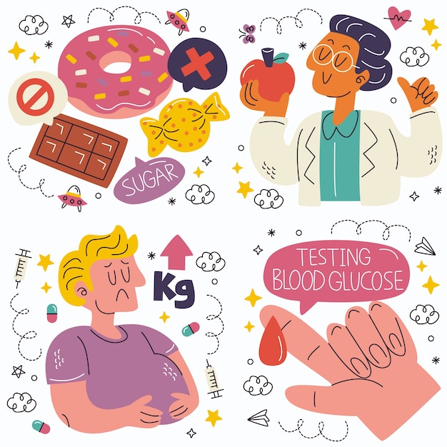 Free vector doodle diabetes stickers collection