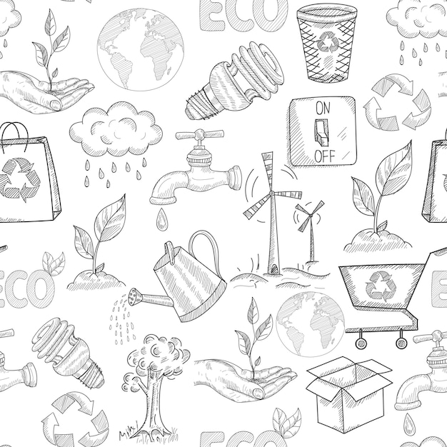Free Vector doodle ecology seamless pattern with plants nature conservation symbols vector illustration
