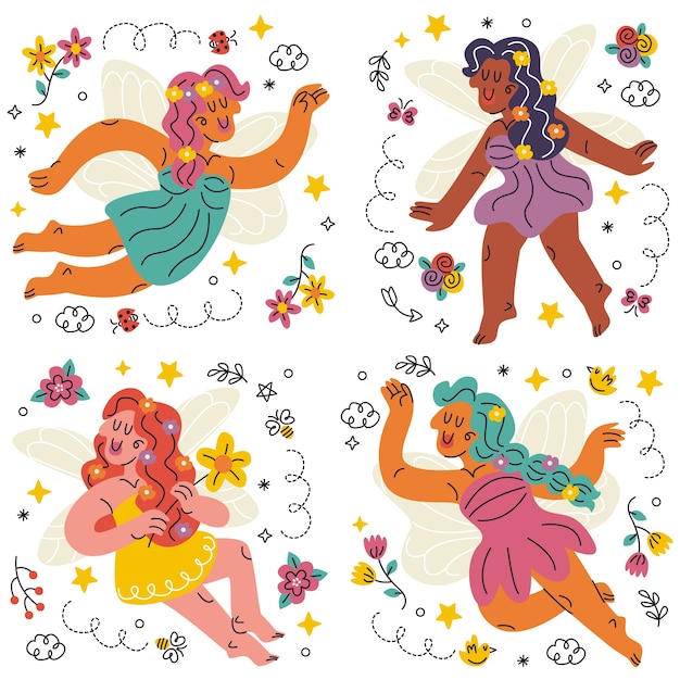 Free vector doodle fairies stickers collection