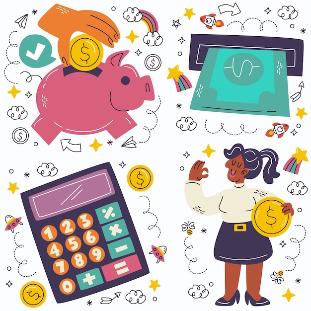 Free vector doodle finance and investment stickers collection