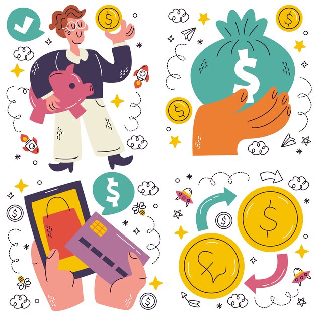 Free vector doodle finance and investment stickers collection