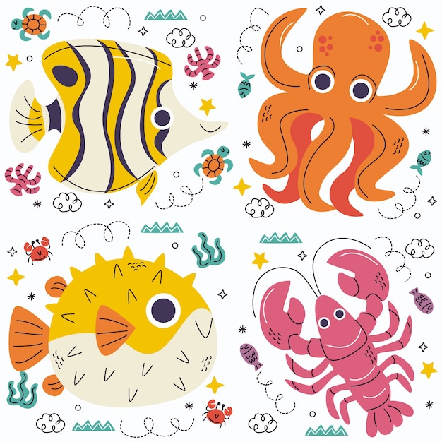 Vettore gratuito collezione di adesivi di pesce e frutti di mare doodle