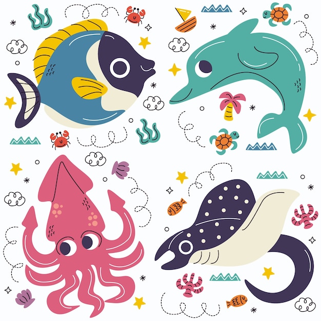 Doodle fish and seafood stickers collection