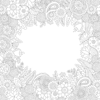 낙서 꽃 패턴 흑백 흰색 배경에 고립. 색칠하기 책, 직물, 가방, 제품 포장, 브로셔, 전단지 디자인을 위한 인도 민족 스타일의 벡터 장식 프레임