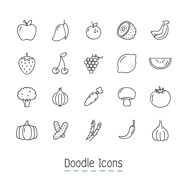 Vettore gratuito doodle frutta e icone vegetali.