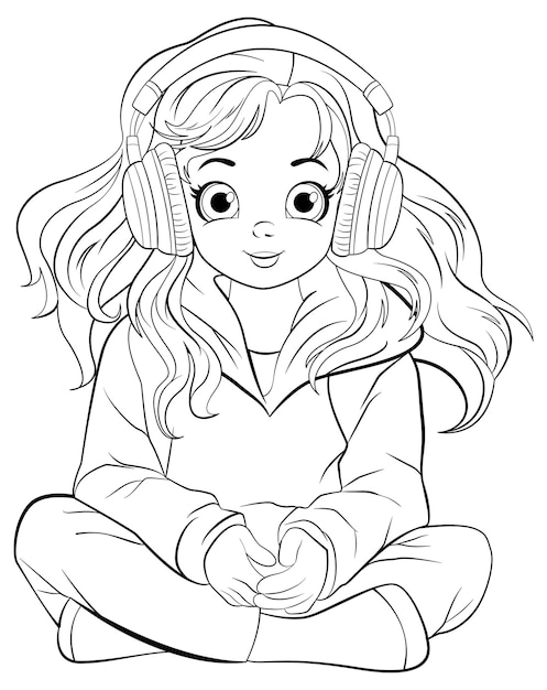 Doodle girl wearing headset listening to music