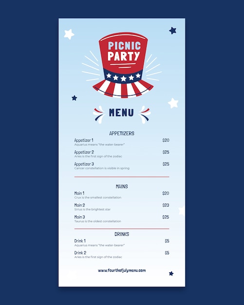 Vettore gratuito modello di menu per festa picnic del quarto di luglio con gradiente doodle