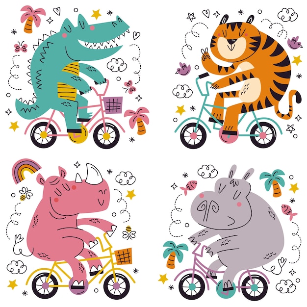 Doodle hand drawn animals in bicycles sticker set