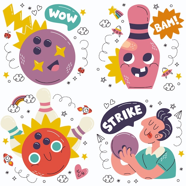 Free vector doodle hand drawn bowling stickers collection