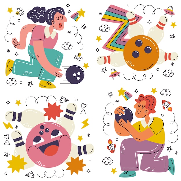 Doodle hand drawn bowling stickers collection