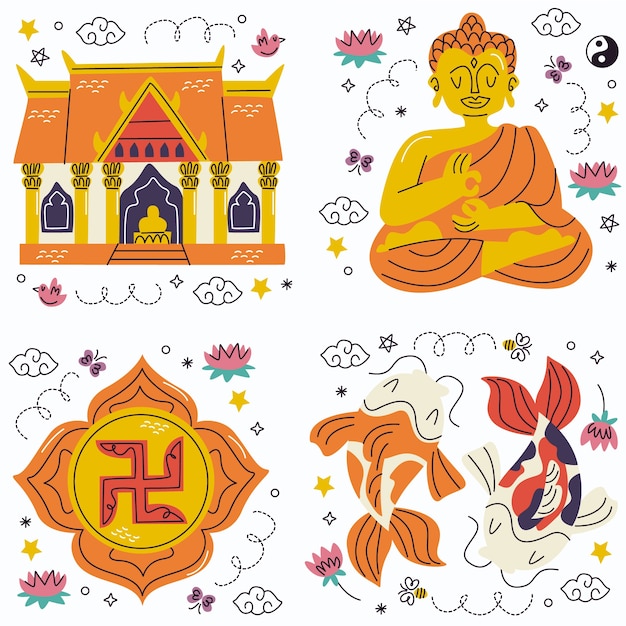 Free Vector doodle hand drawn buddhism stickers