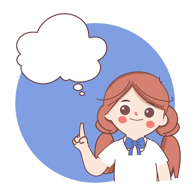 Free vector doodle hand drawn cartoon cute girl student thinking with bubble have idea and dreaming
