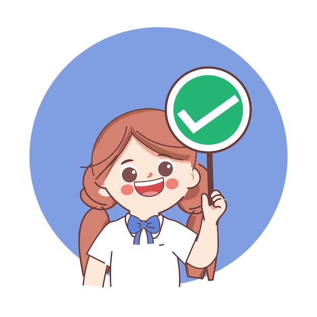Doodle hand drawn cartoon cute girl student with the correct or agree symbols Yes tag answer