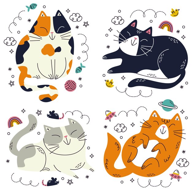 Doodle hand drawn cat stickers collection